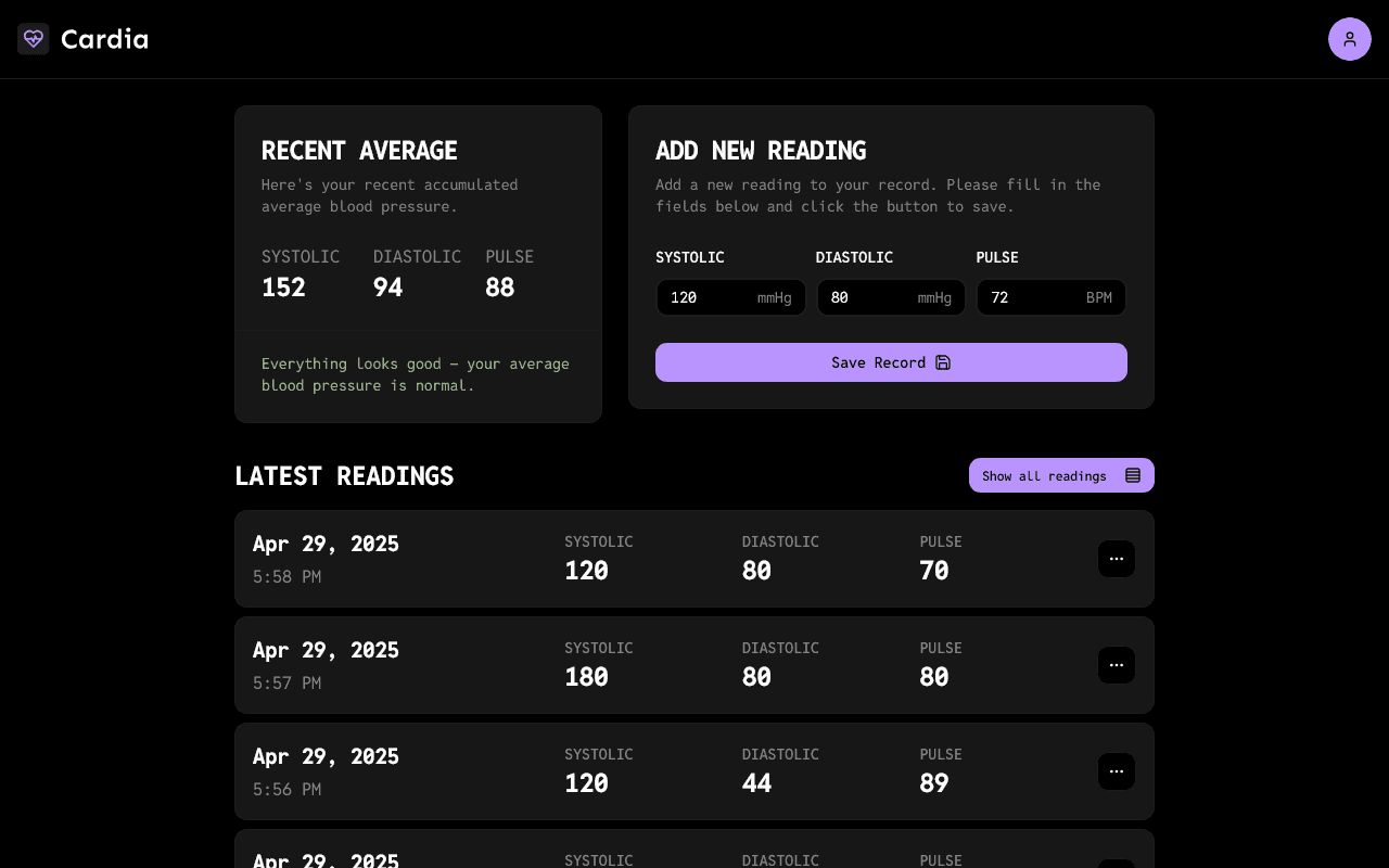Cardia app UI after the redesign
