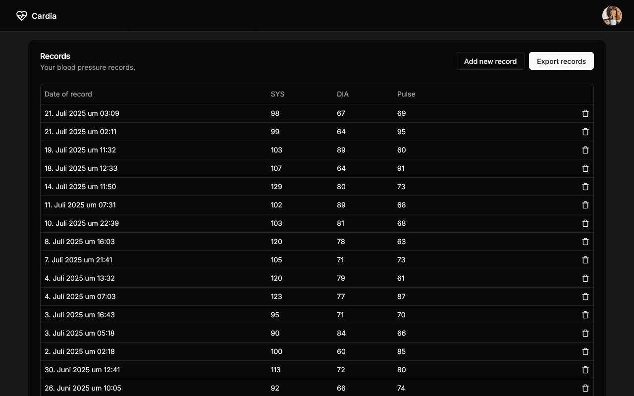 Cardia app UI before the redesign